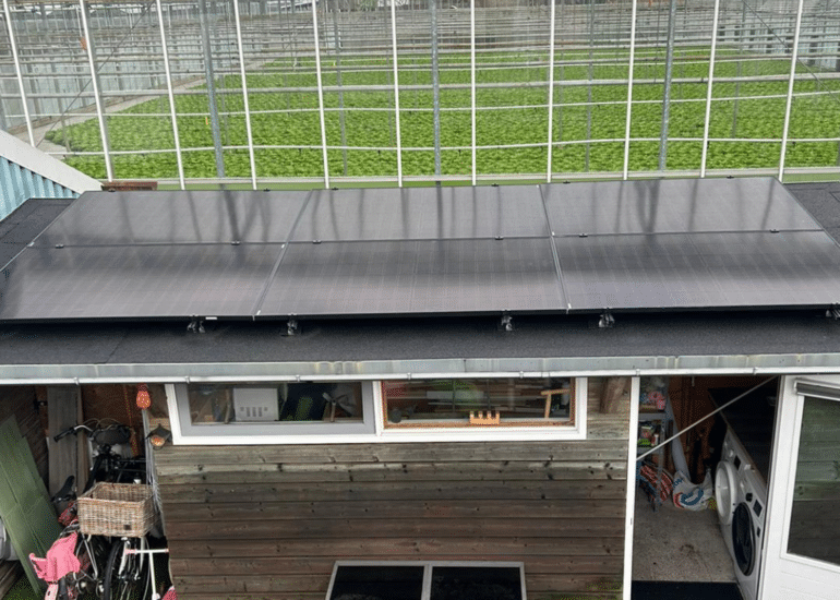 Zonnepanelen op schuur achtertuin